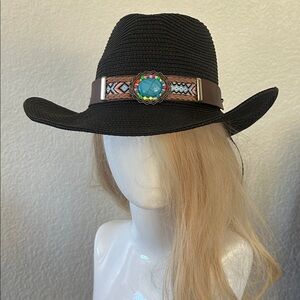 Black Woven Hat with Colorful Turquoise Beaded Band